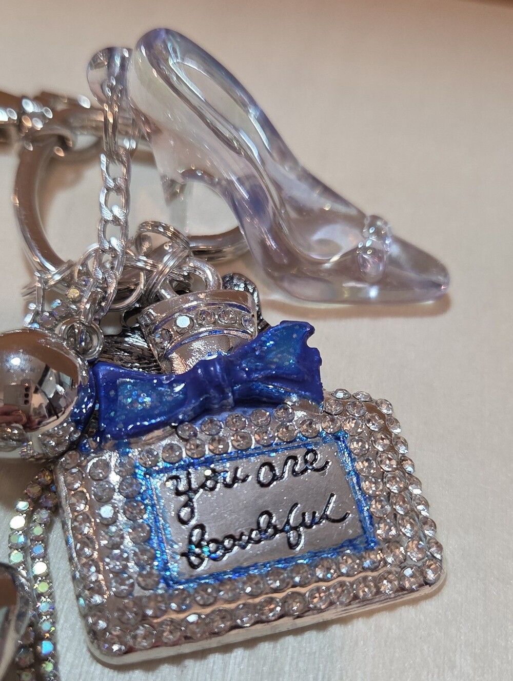 ✨ Luxury Rhinestone "You Are Beautiful" Perfume Bottle Keychain Charm ✨